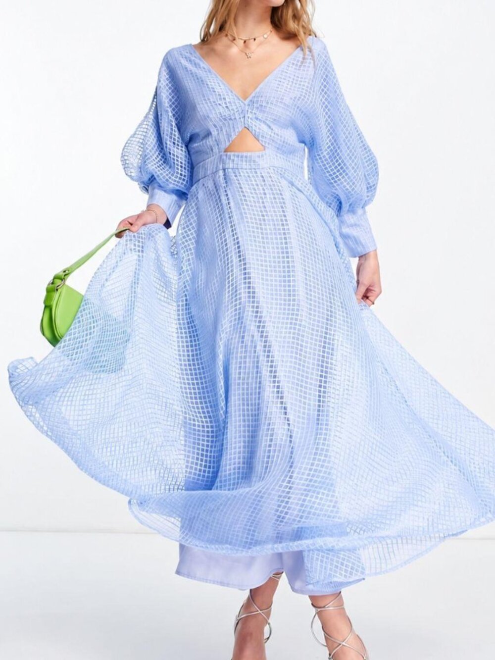 Baby blue textured grid maxi dress with puff sleeves and open back